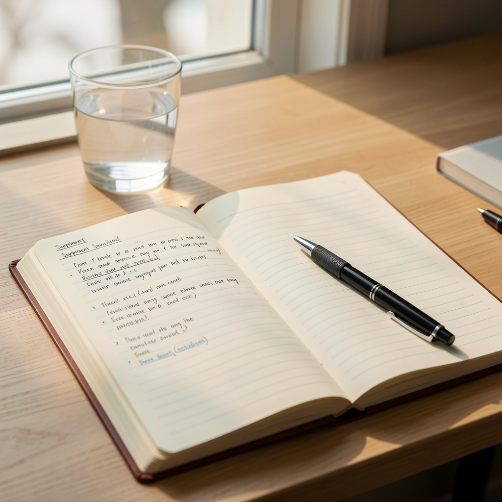 Open notebook with supplement journalling notes, pen resting on page, desk surface with glass of water, morning composition